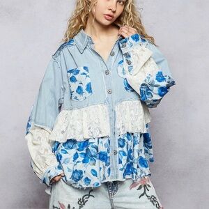 POL Women’s Floral Denim Button-Up Shirt with Lace